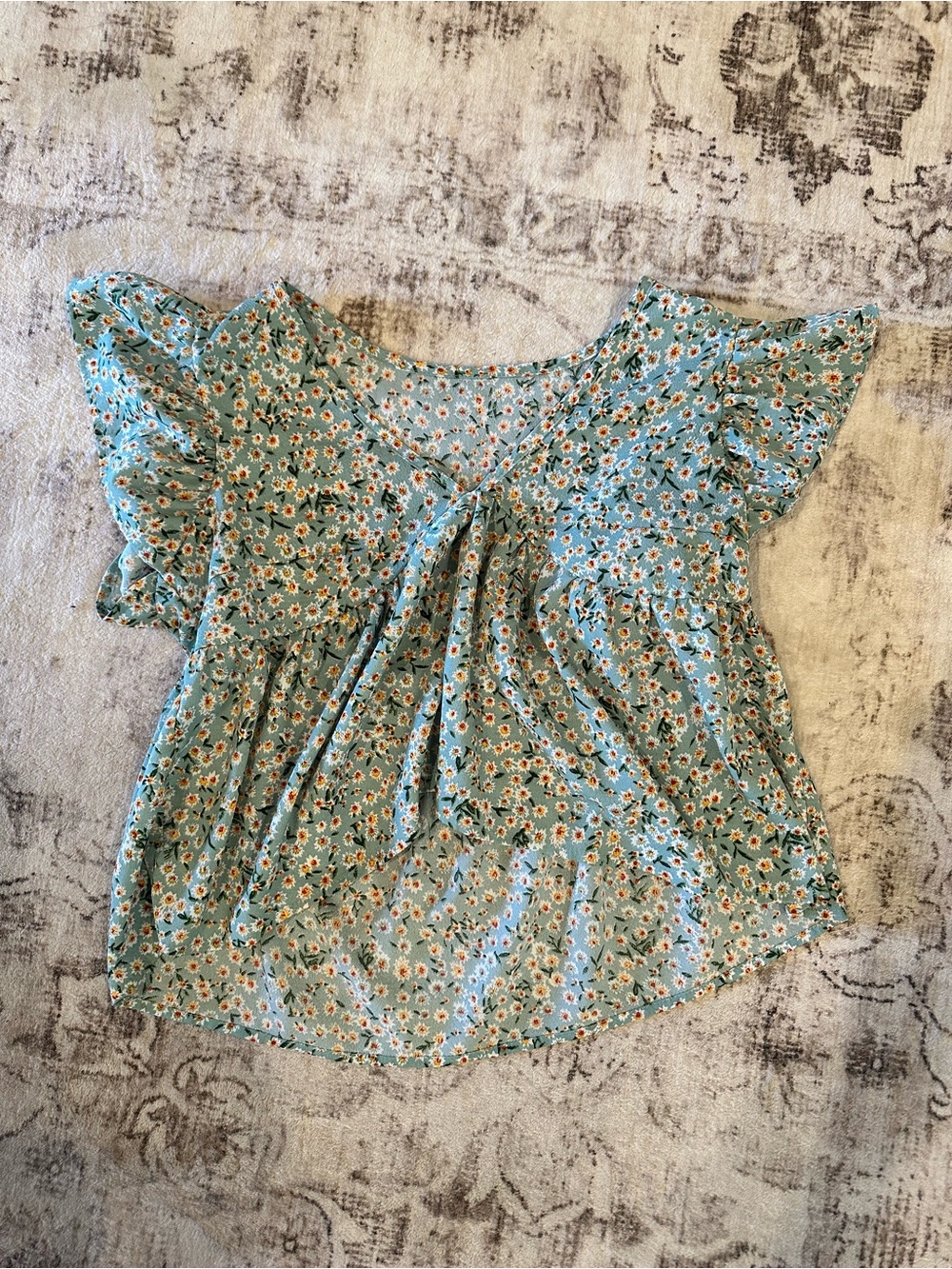 Floral Tie-Front Flutter Sleeve Top - Green